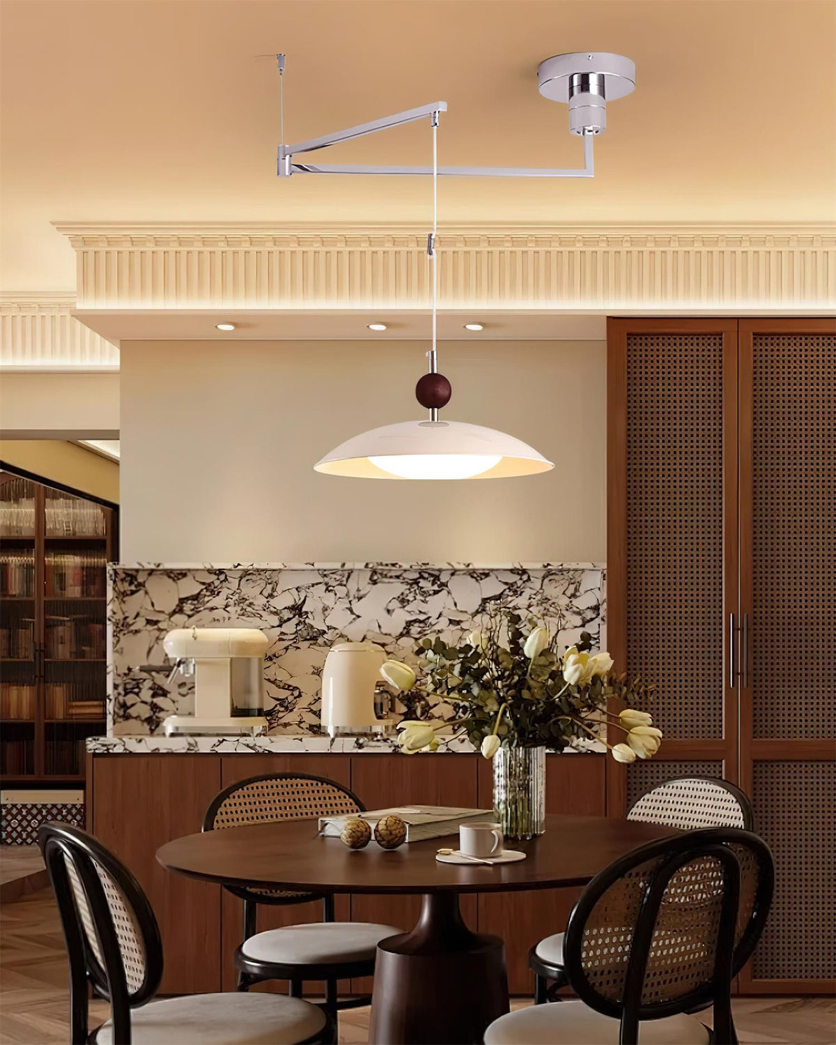 Walnut And White Acrylic Shade Adjustable Pendant Light