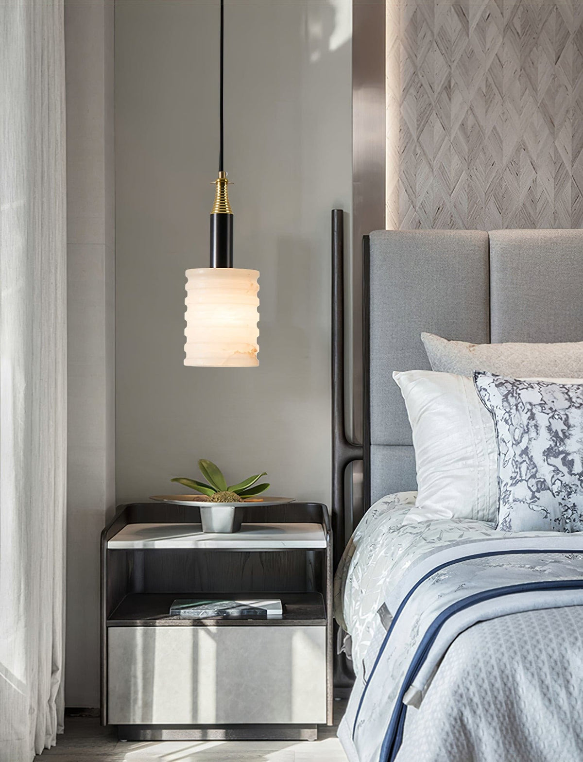 Soft Glow Grooved Cylinder Pendant Lamp With Alabaster