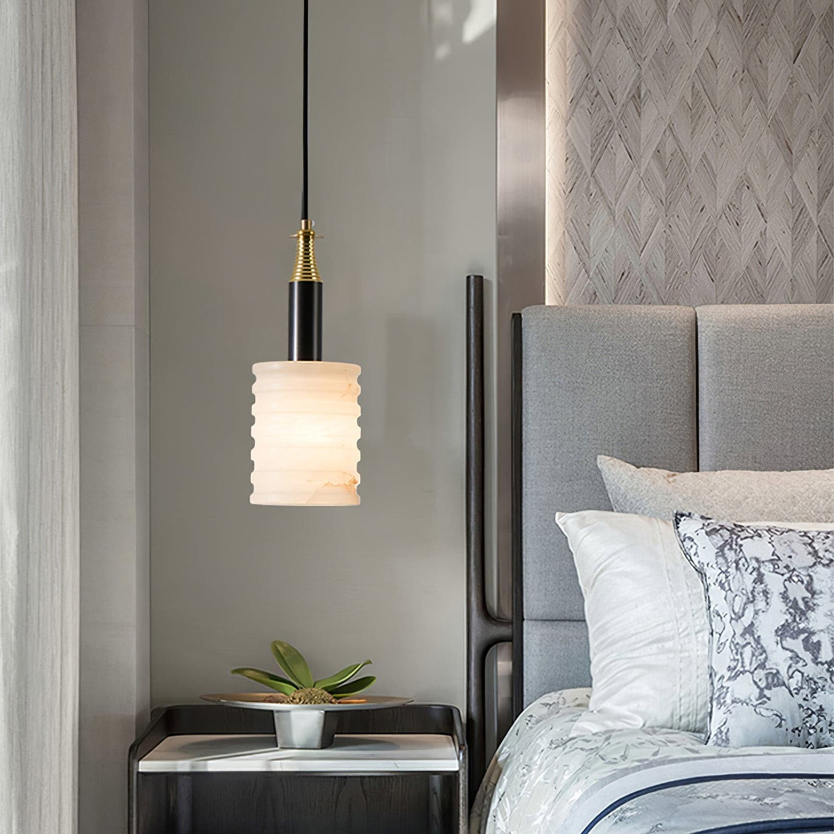 Soft Glow Grooved Cylinder Pendant Lamp With Alabaster
