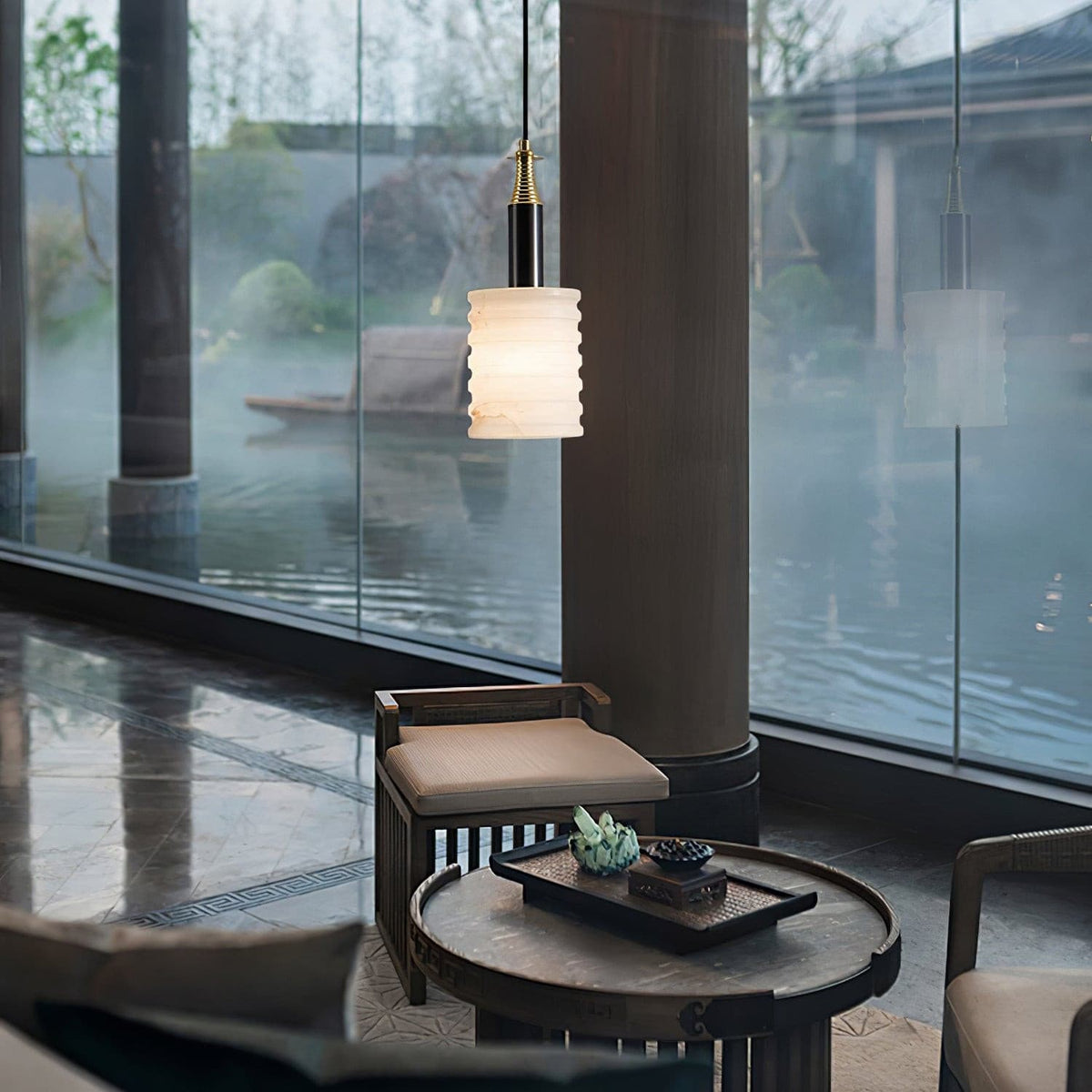 Soft Glow Grooved Cylinder Pendant Lamp With Alabaster