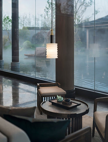Soft Glow Grooved Cylinder Pendant Lamp With Alabaster