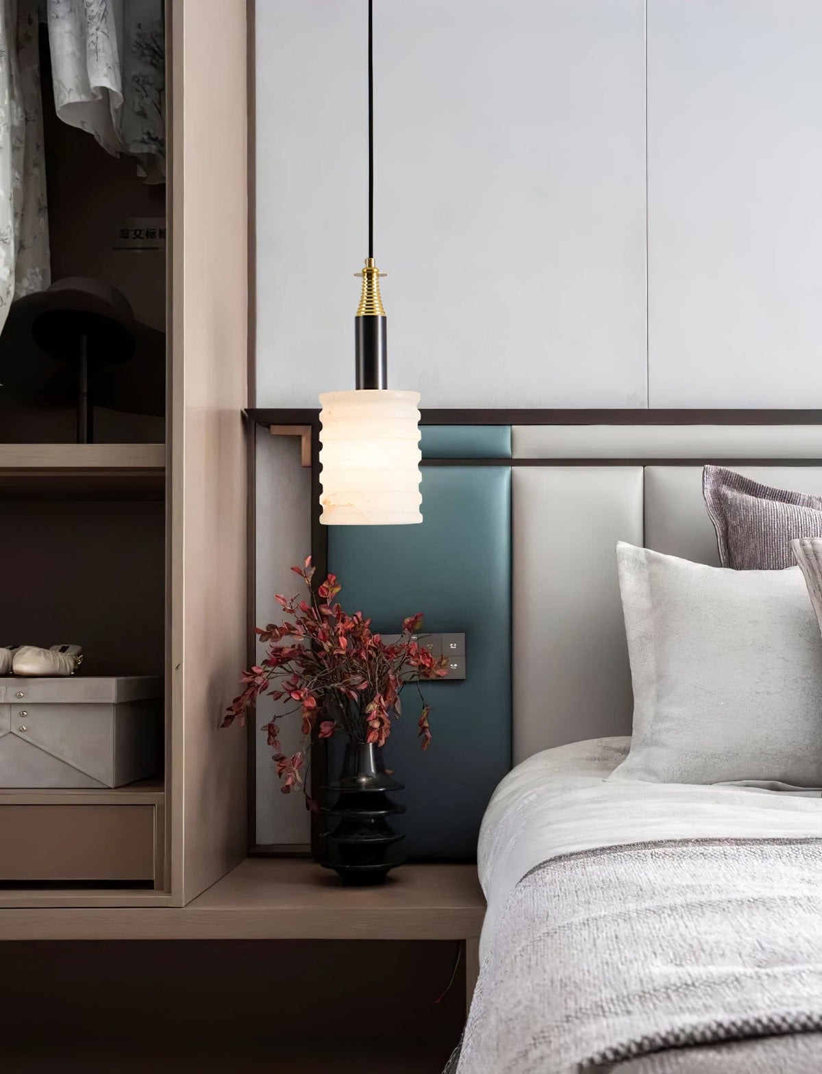 Soft Glow Grooved Cylinder Pendant Lamp With Alabaster