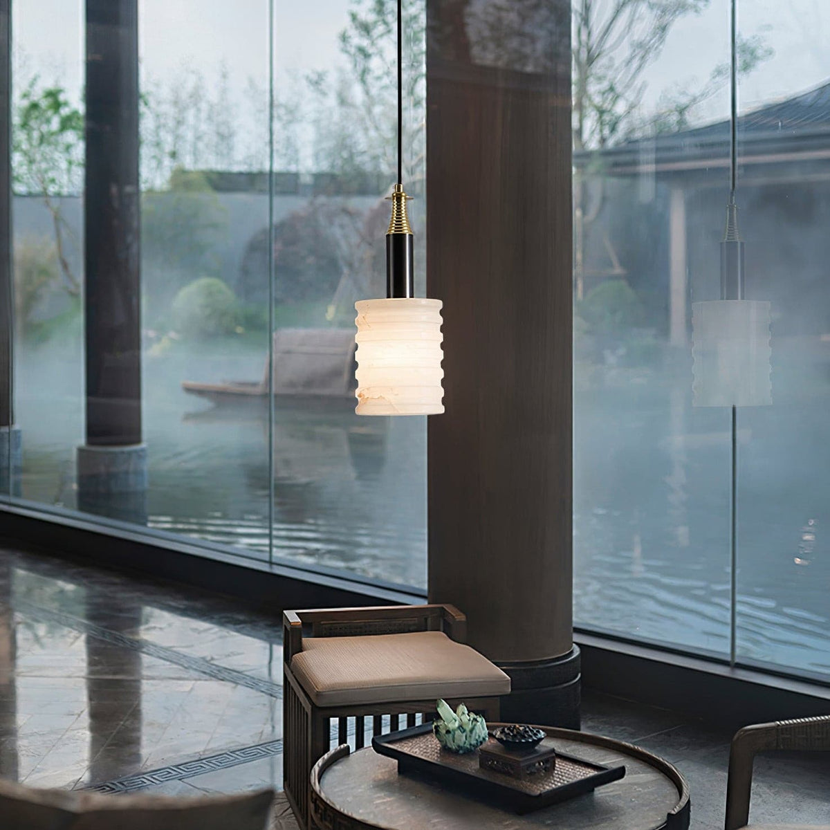 Soft Glow Grooved Cylinder Pendant Lamp With Alabaster
