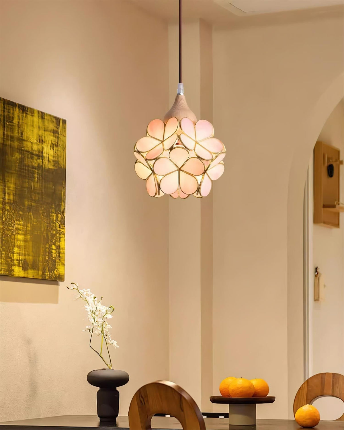 Ambient Glow Glass Pendant Light with Pink Petal