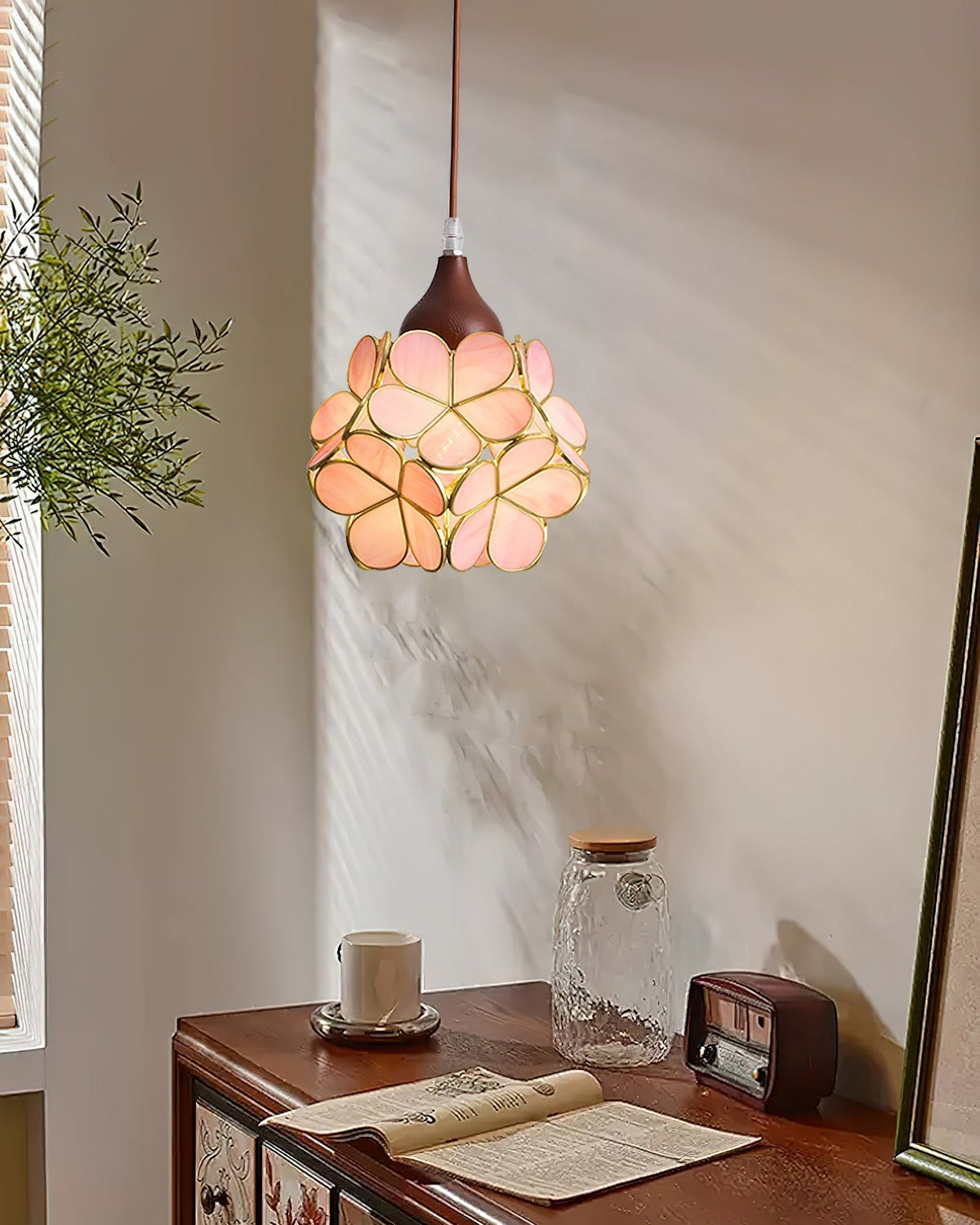 Ambient Glow Glass Pendant Light with Pink Petal