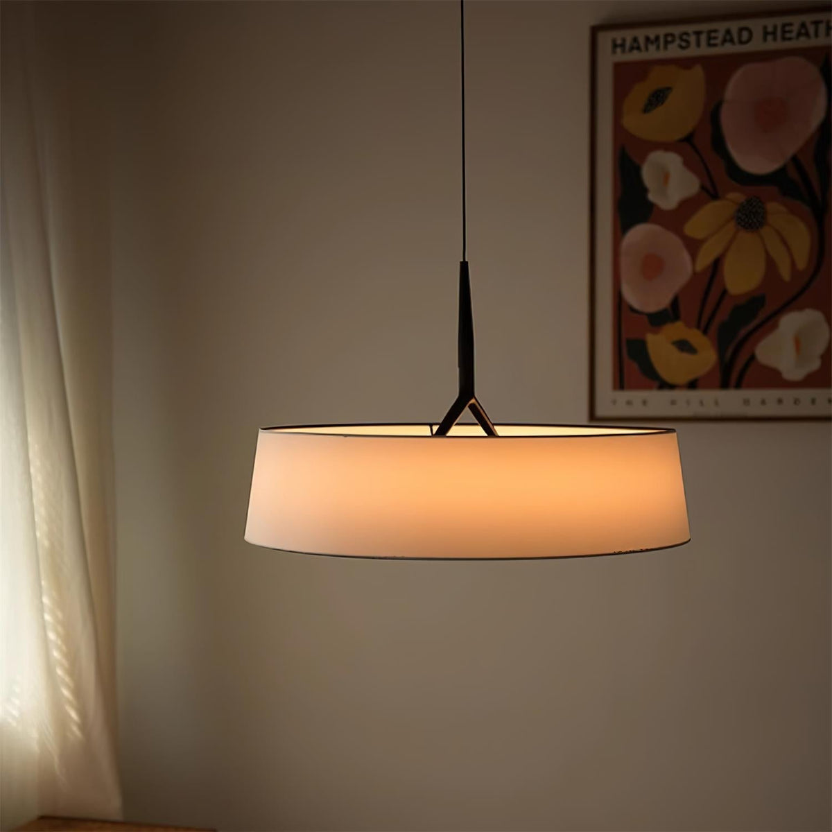 Black Integrated Led Pendant Light White Fabric Drum Shade
