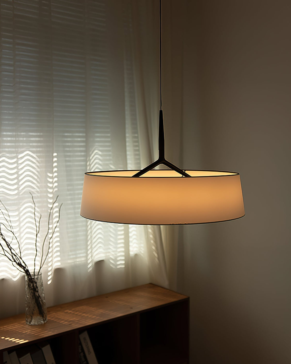 Black Integrated Led Pendant Light White Fabric Drum Shade