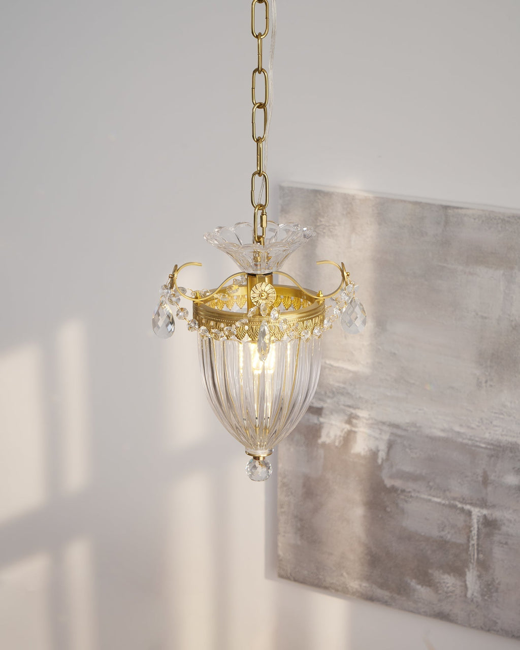 Adjustable Height Brass Crystal Pendant Light