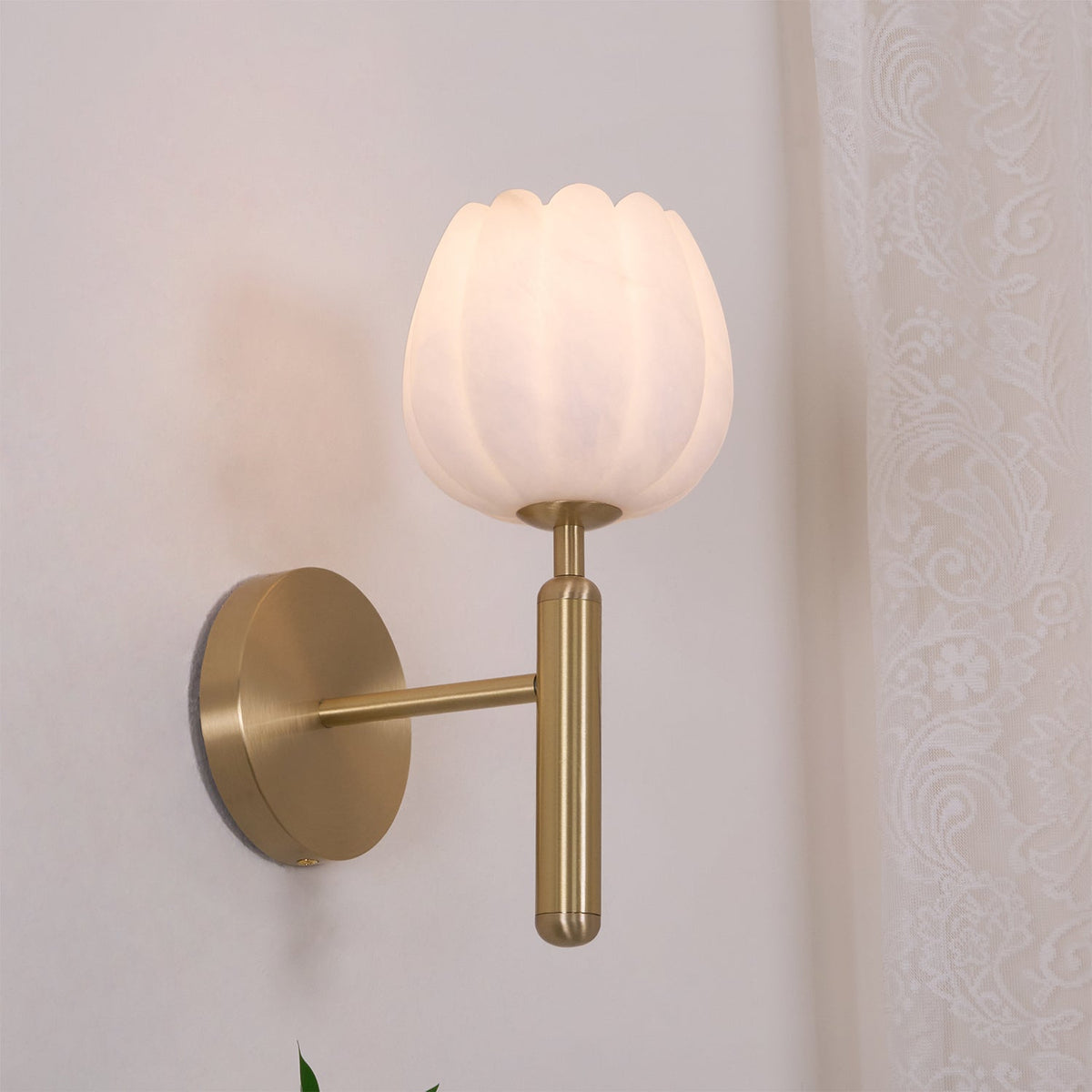 Wall Sconce Floral Brass Finish With Alabaster