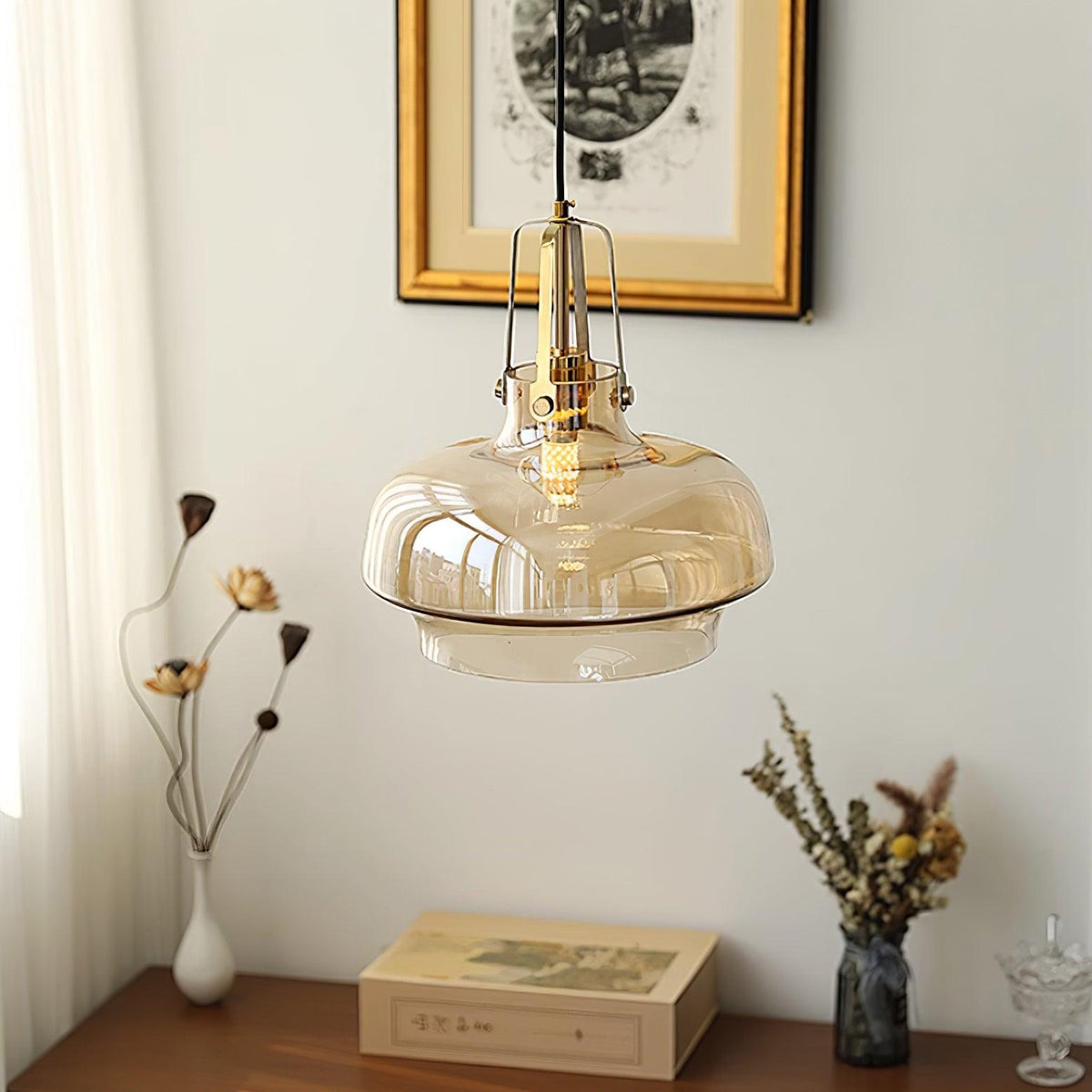 Brass Fittings Glass Amber Pendant Light