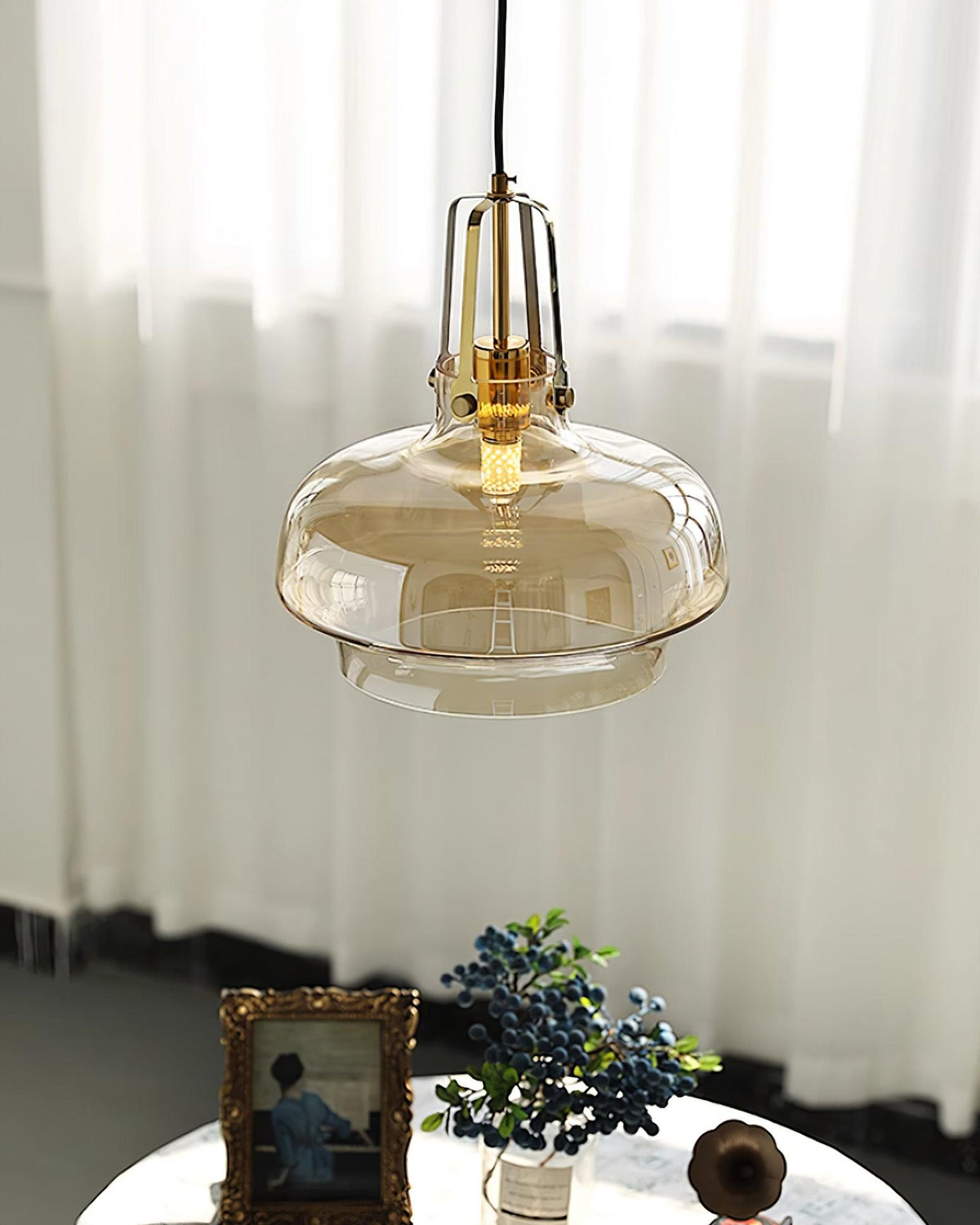 Brass Fittings Glass Amber Pendant Light
