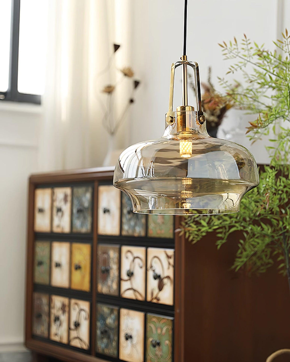 Brass Fittings Glass Amber Pendant Light