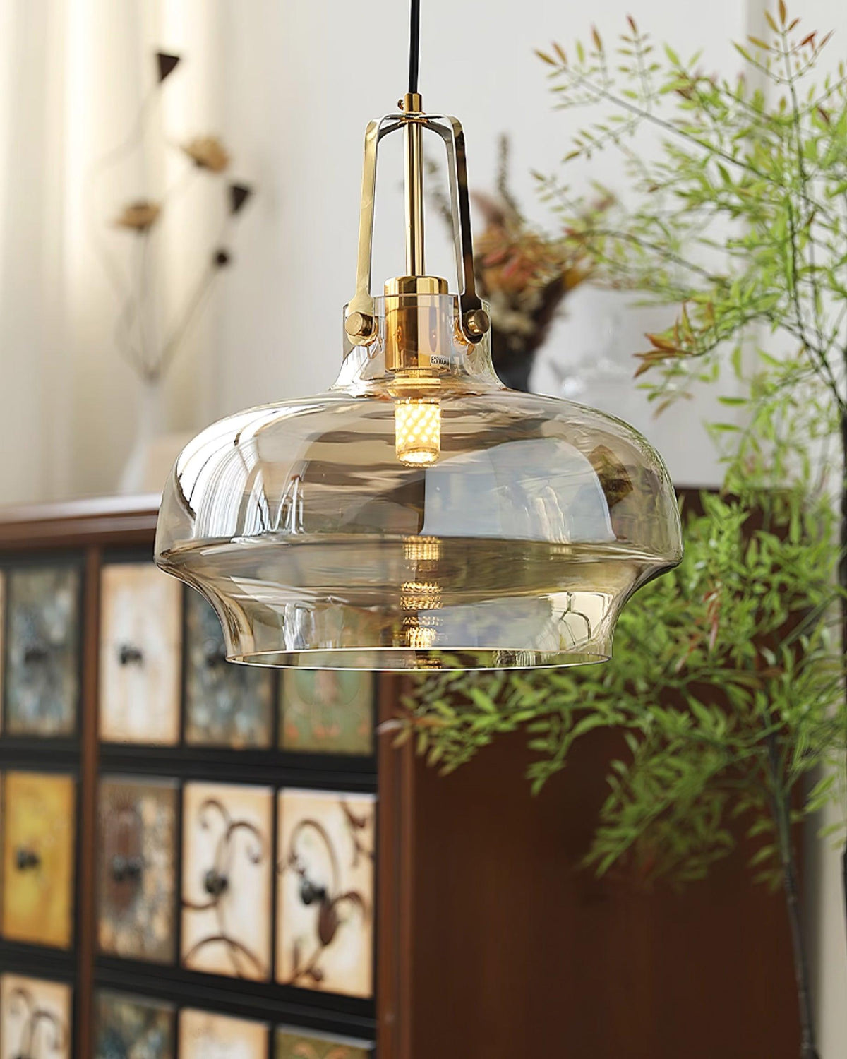 Brass Fittings Glass Amber Pendant Light