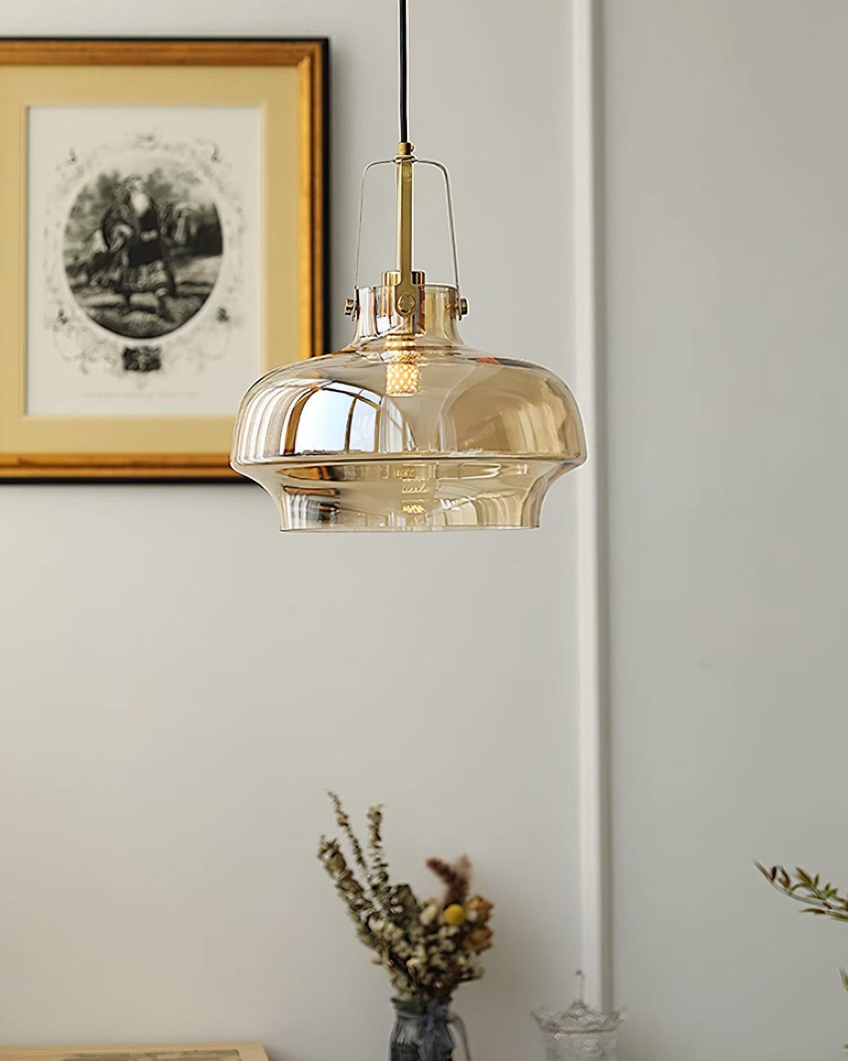 Brass Fittings Glass Amber Pendant Light