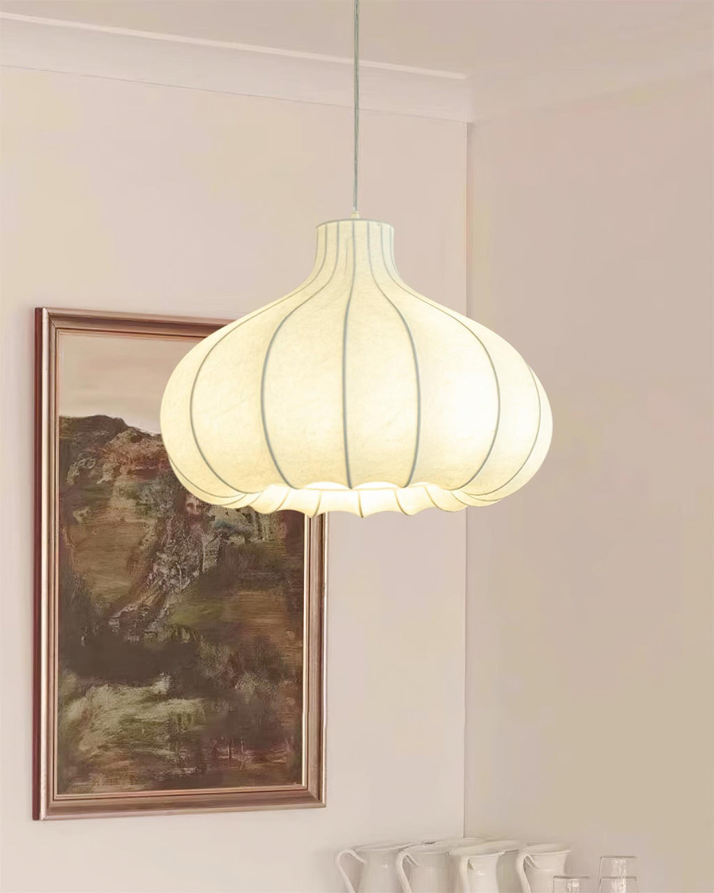 White Pleated Silk Shade Pendant Light Elegant