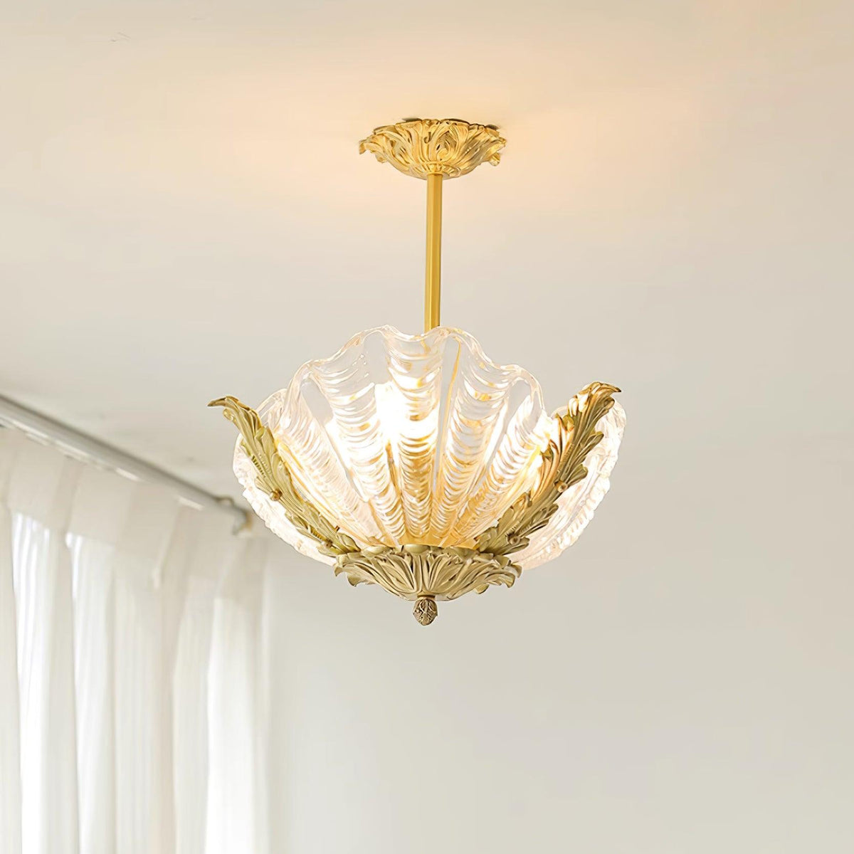 Pink Murano Glass Shell Pendant Lamp With Brass Baroque