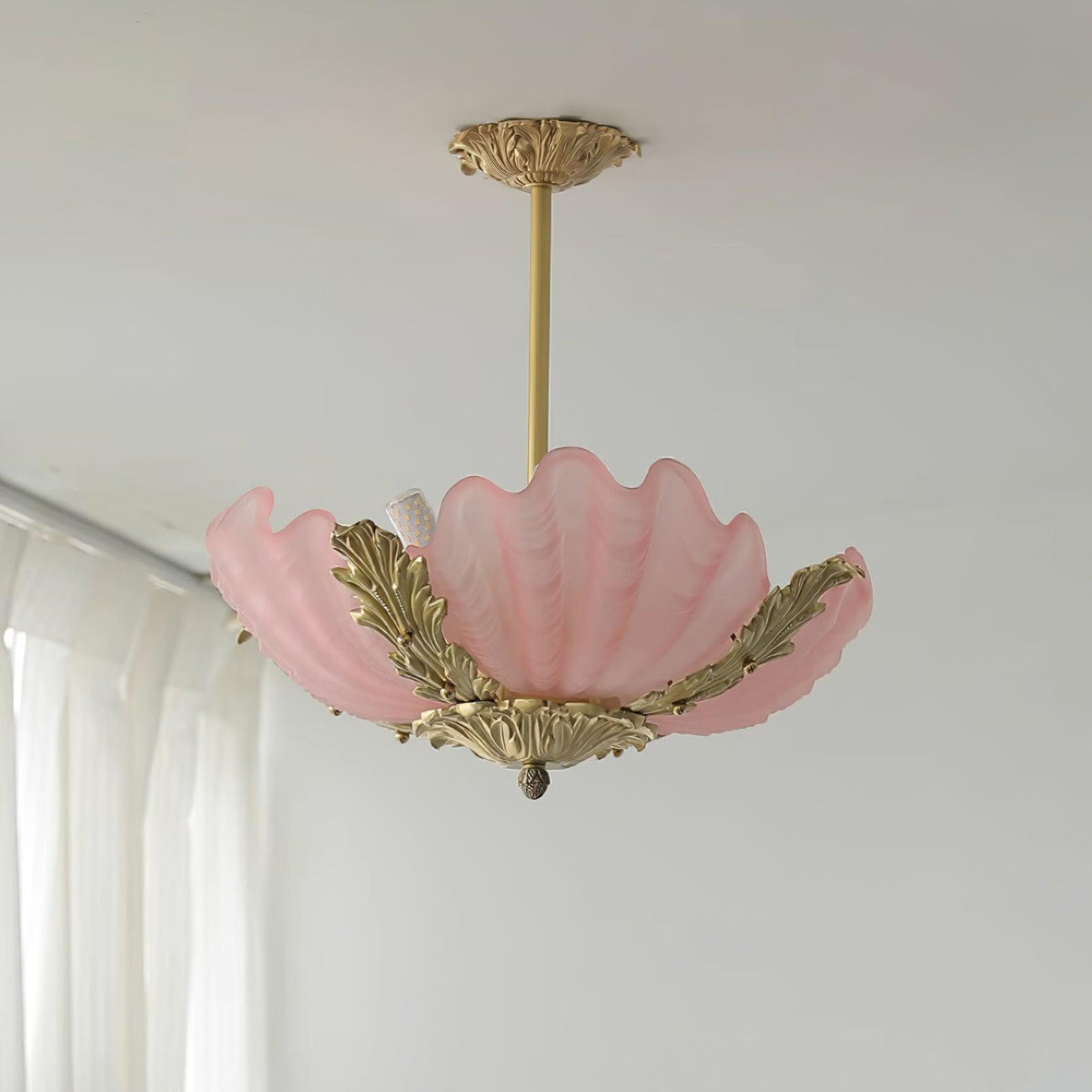 Pink Murano Glass Shell Pendant Lamp With Brass Baroque