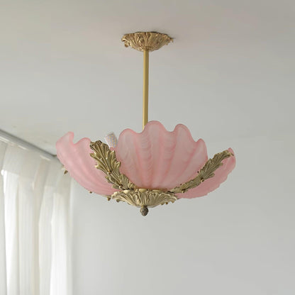 Pink Murano Glass Shell Pendant Lamp With Brass Baroque