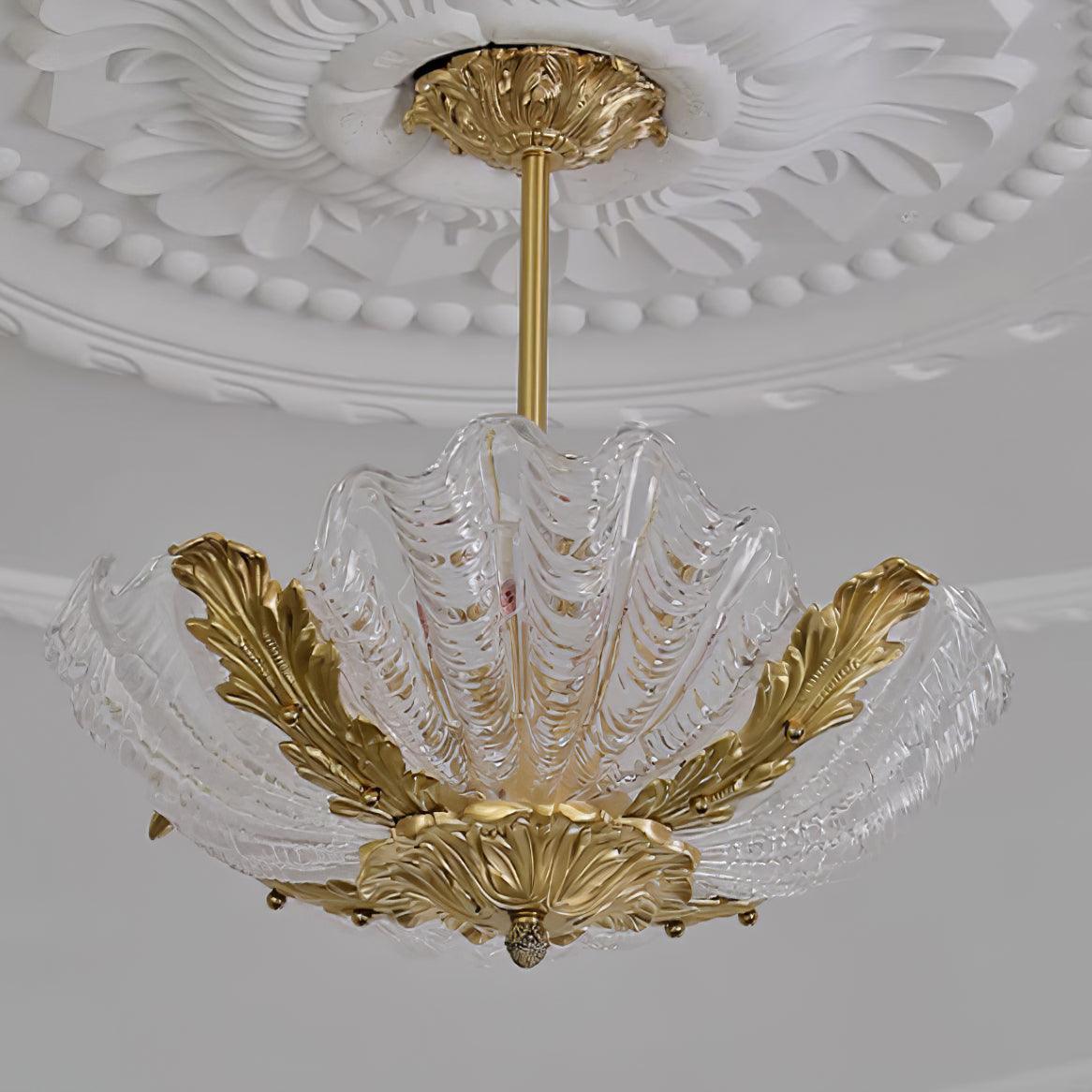 Pink Murano Glass Shell Pendant Lamp With Brass Baroque
