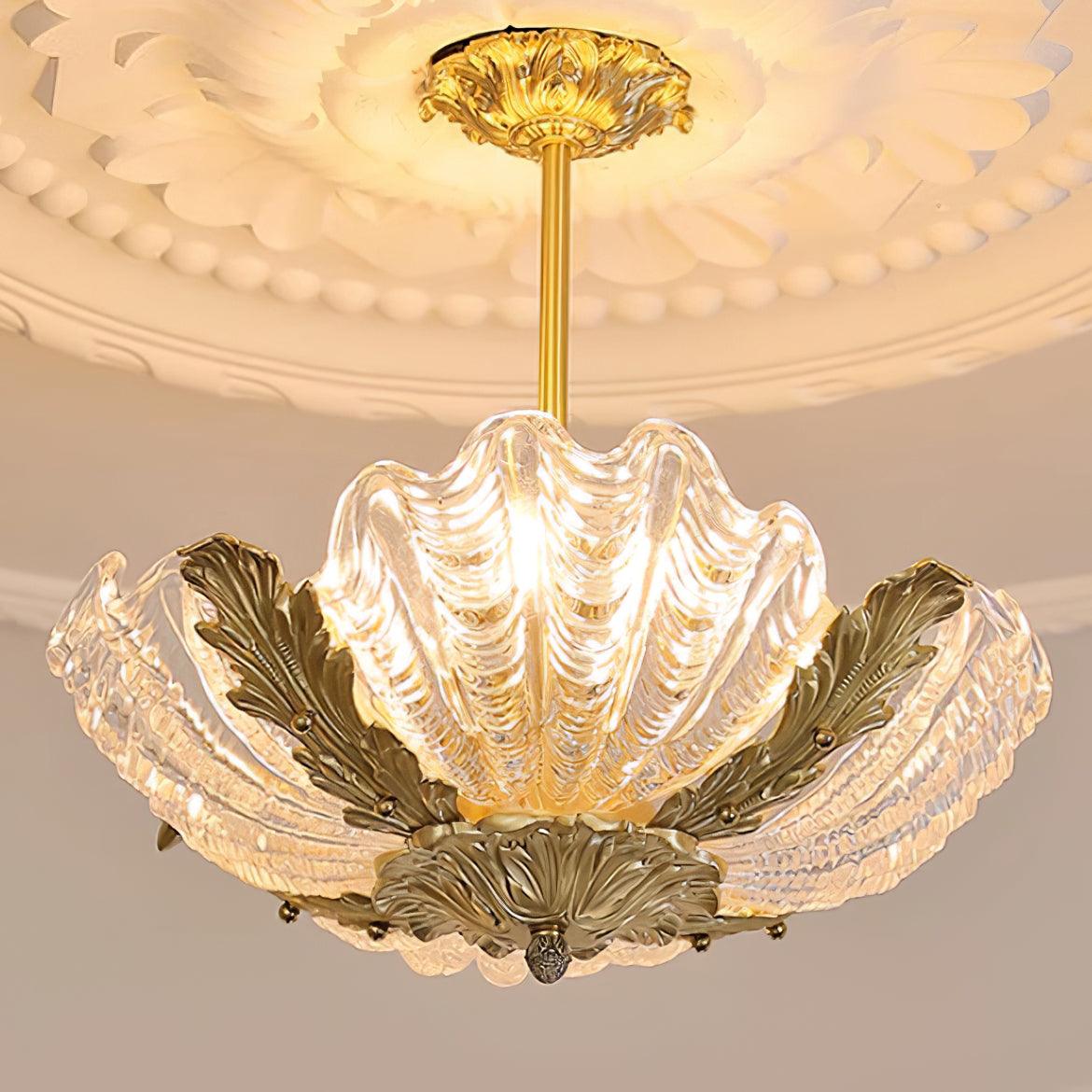 Pink Murano Glass Shell Pendant Lamp With Brass Baroque