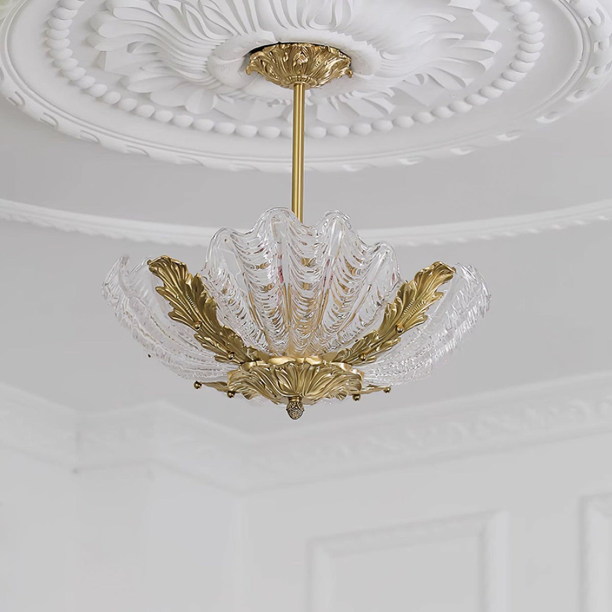 Pink Murano Glass Shell Pendant Lamp With Brass Baroque