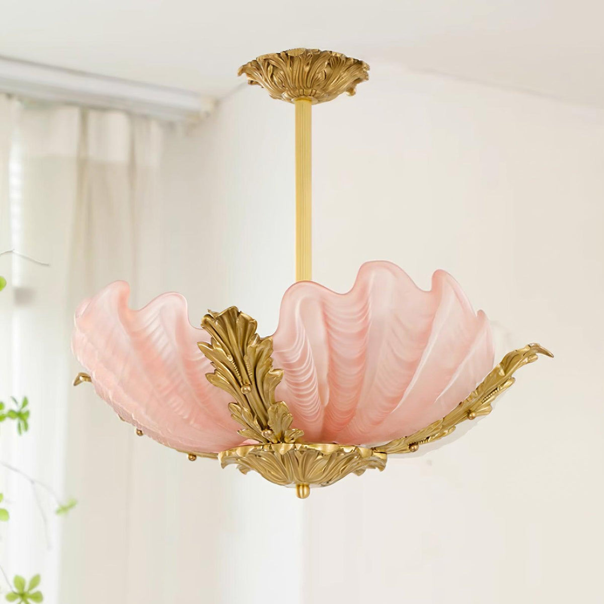 Pink Murano Glass Shell Pendant Lamp With Brass Baroque