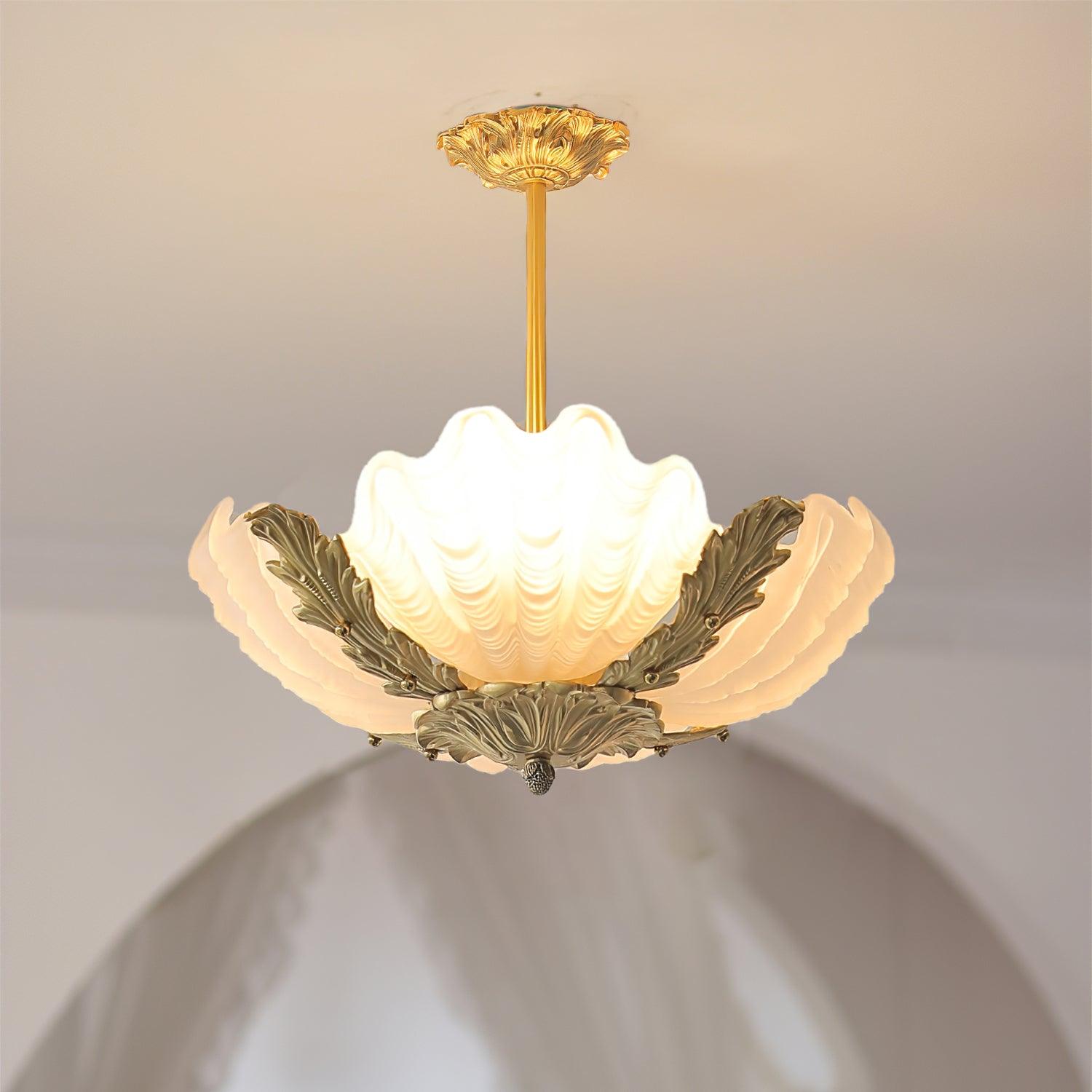 Pink Murano Glass Shell Pendant Lamp With Brass Baroque