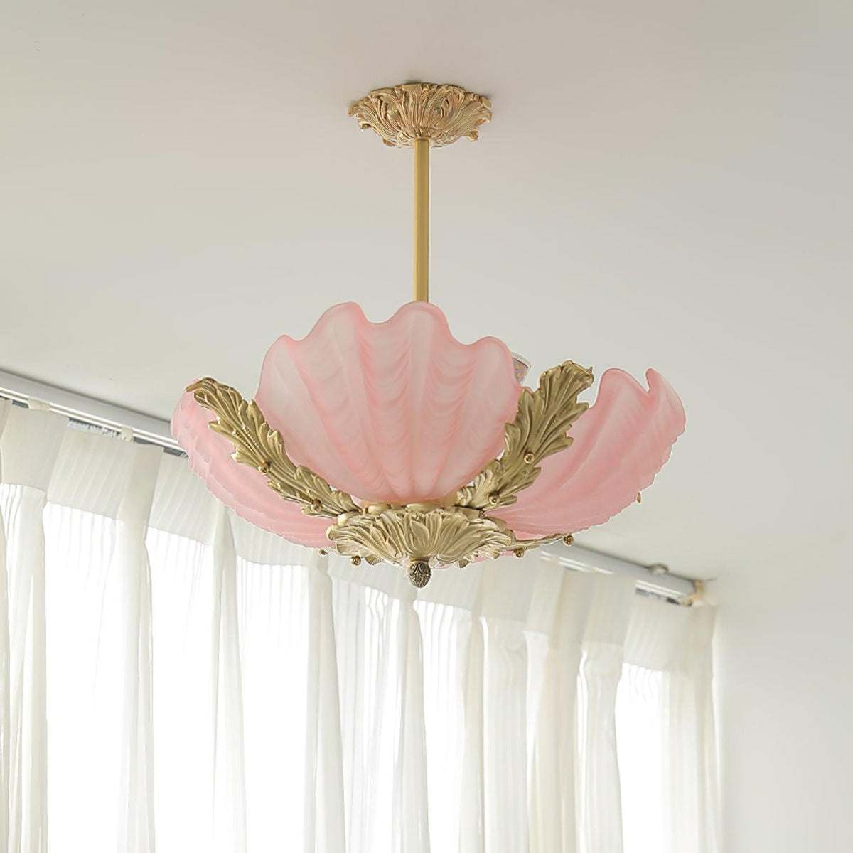 Pink Murano Glass Shell Pendant Lamp With Brass Baroque