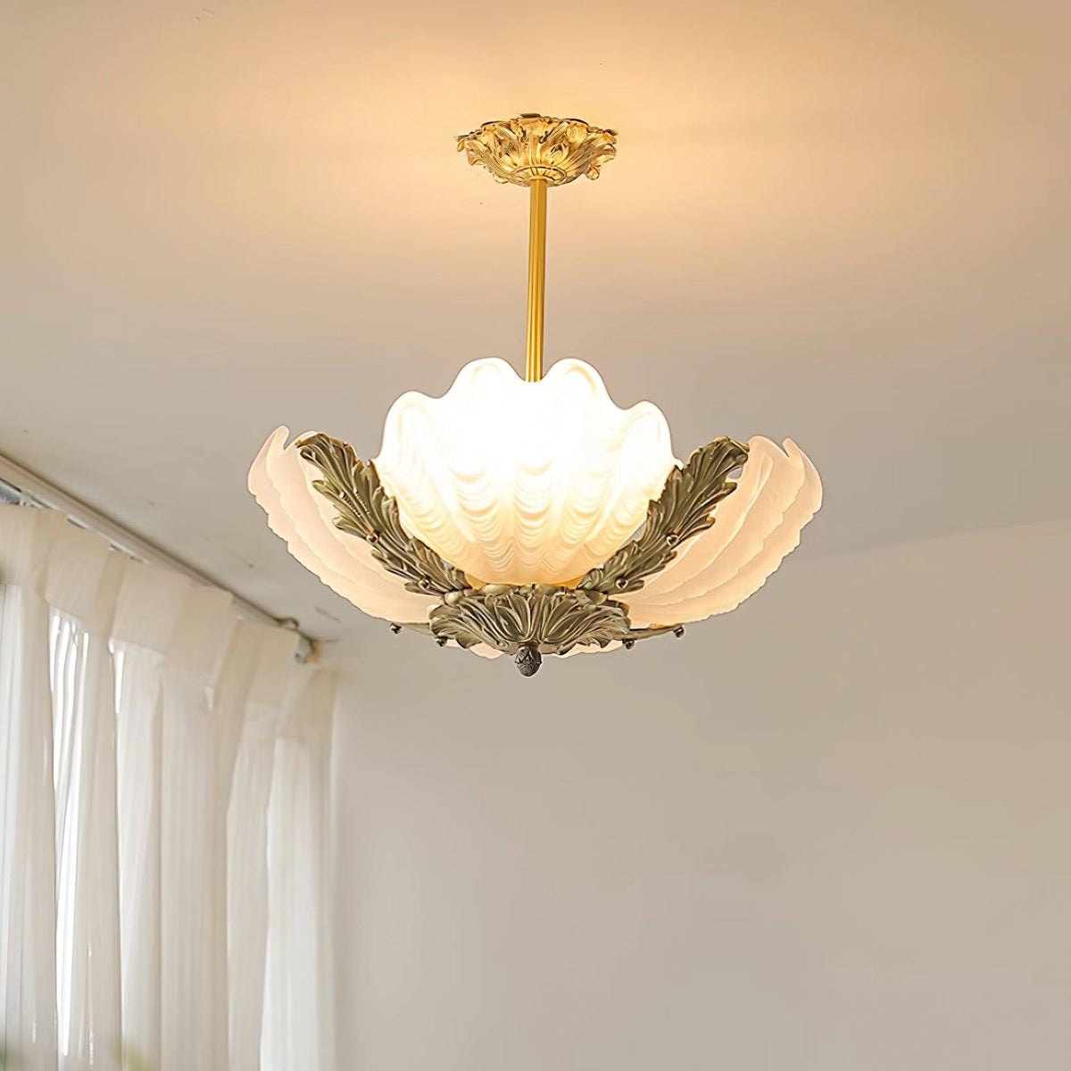 Pink Murano Glass Shell Pendant Lamp With Brass Baroque