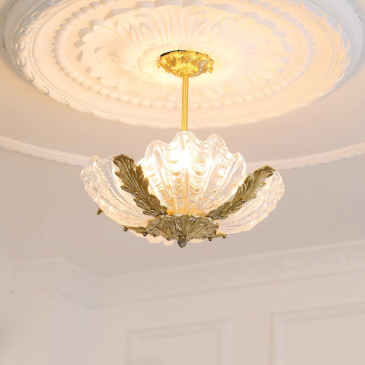 Pink Murano Glass Shell Pendant Lamp With Brass Baroque