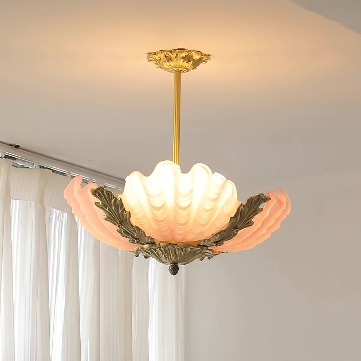Pink Murano Glass Shell Pendant Lamp With Brass Baroque