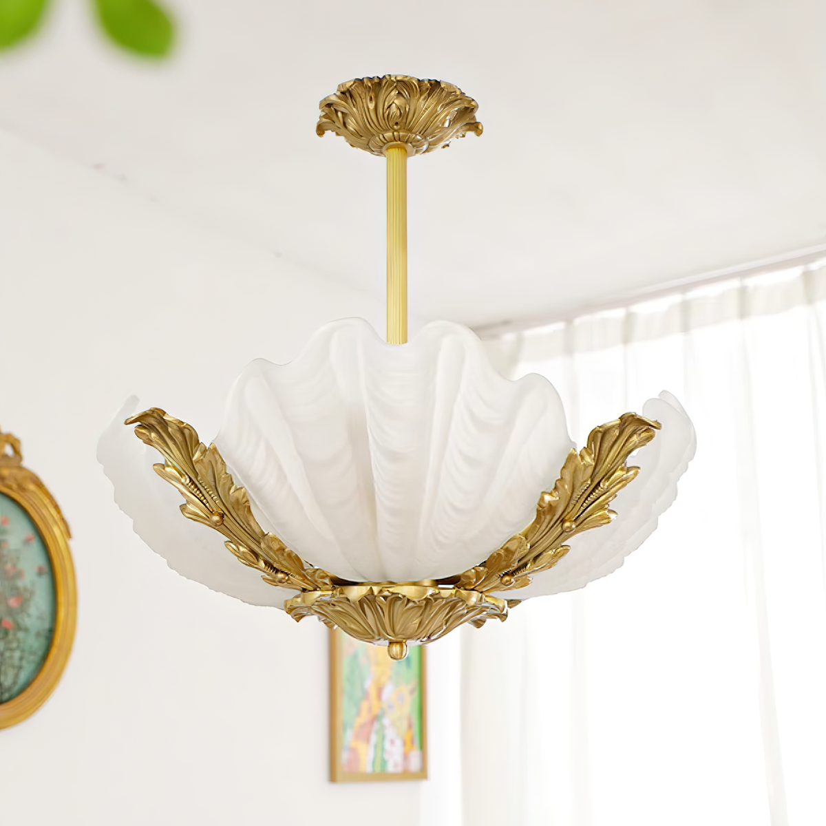 Pink Murano Glass Shell Pendant Lamp With Brass Baroque