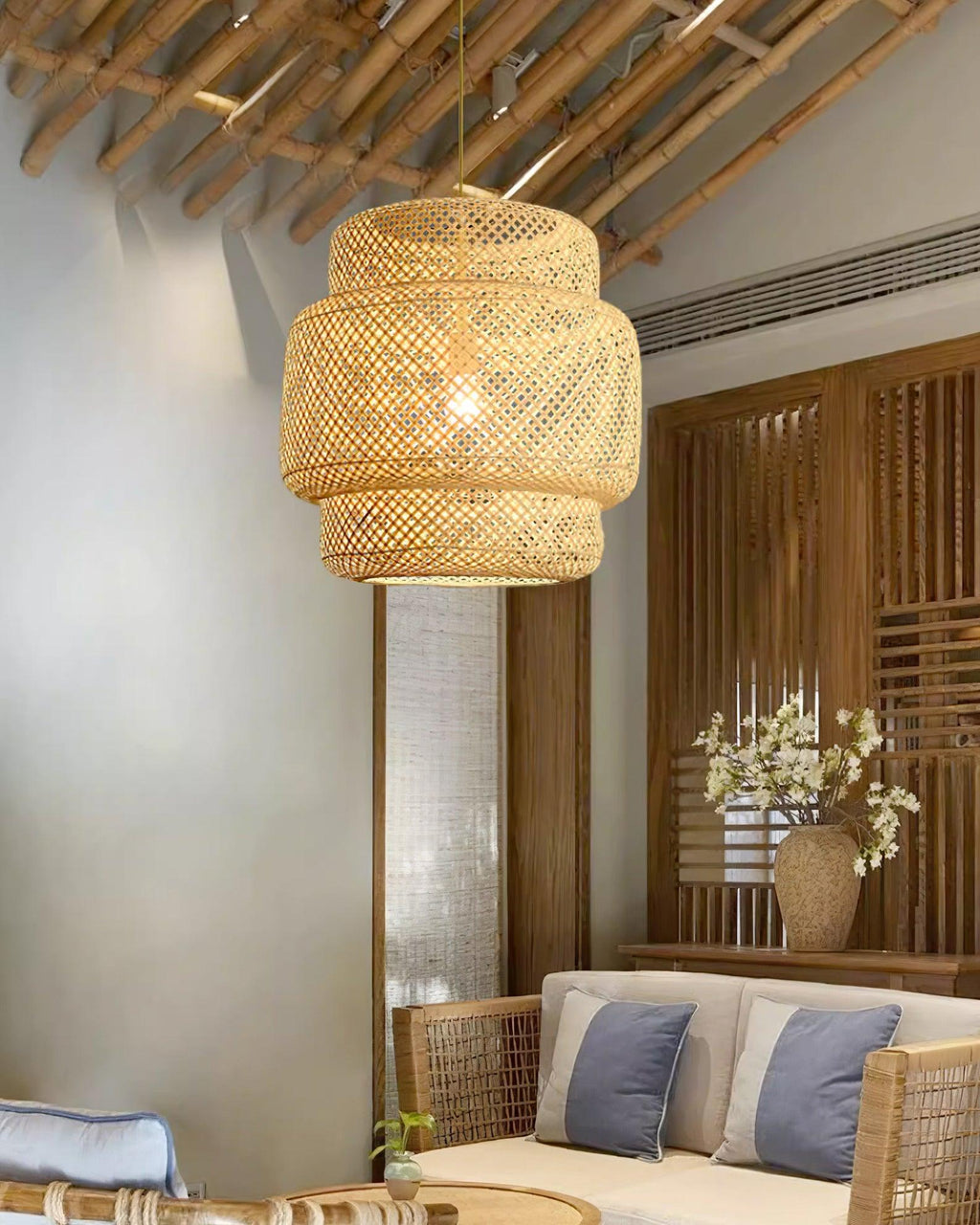 Woven Bamboo Shade Pendant Lamp With Double Layer