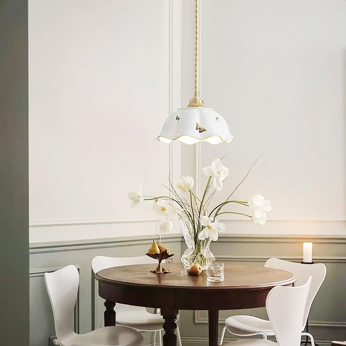 Petal Shade Ceramic Pendant Lamp With Butterflies