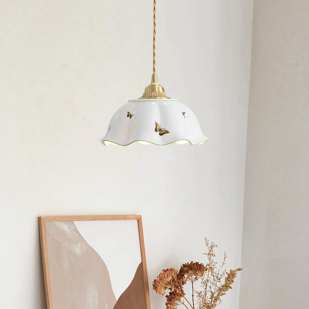 Petal Shade Ceramic Pendant Lamp With Butterflies