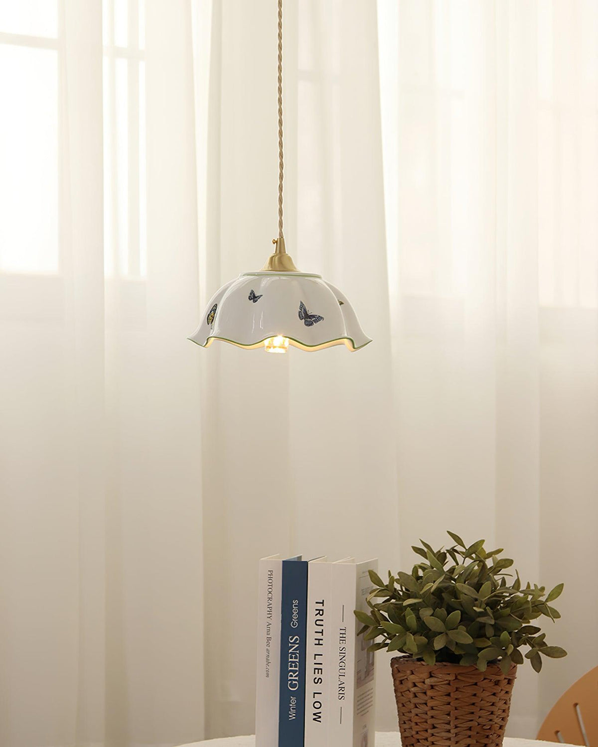 Petal Shade Ceramic Pendant Lamp With Butterflies