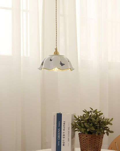 Petal Shade Ceramic Pendant Lamp With Butterflies