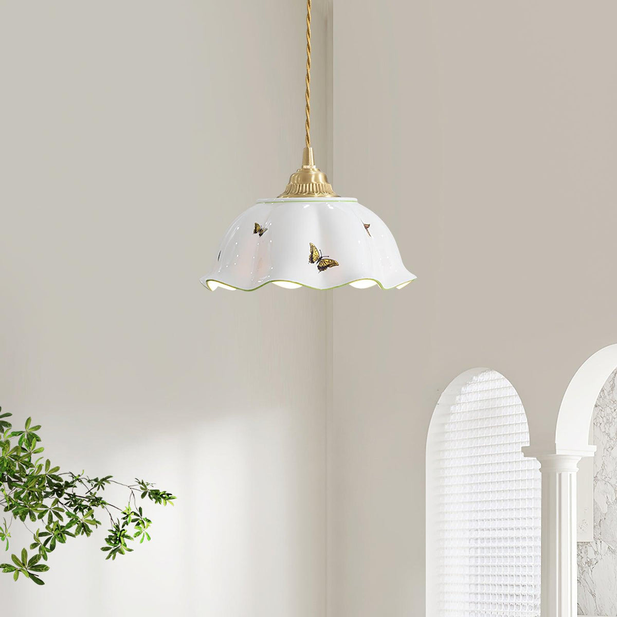 Petal Shade Ceramic Pendant Lamp With Butterflies