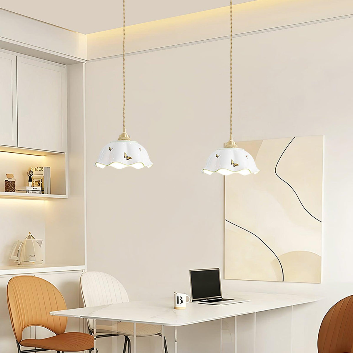 Petal Shade Ceramic Pendant Lamp With Butterflies