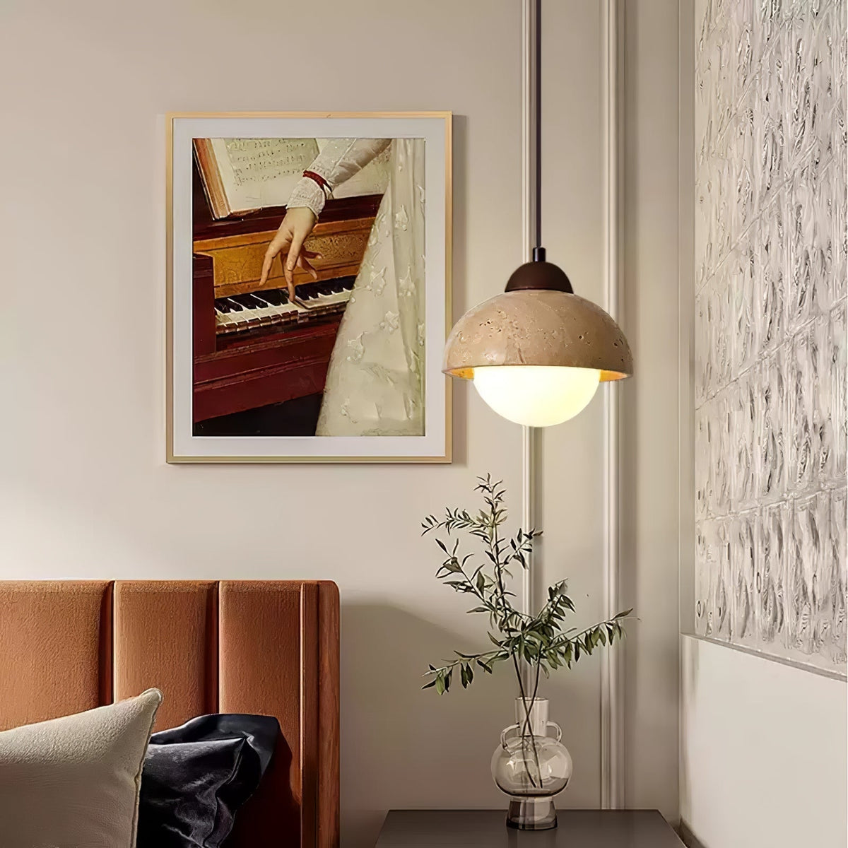 Ambient Glow Dome Travertine Pendant Light