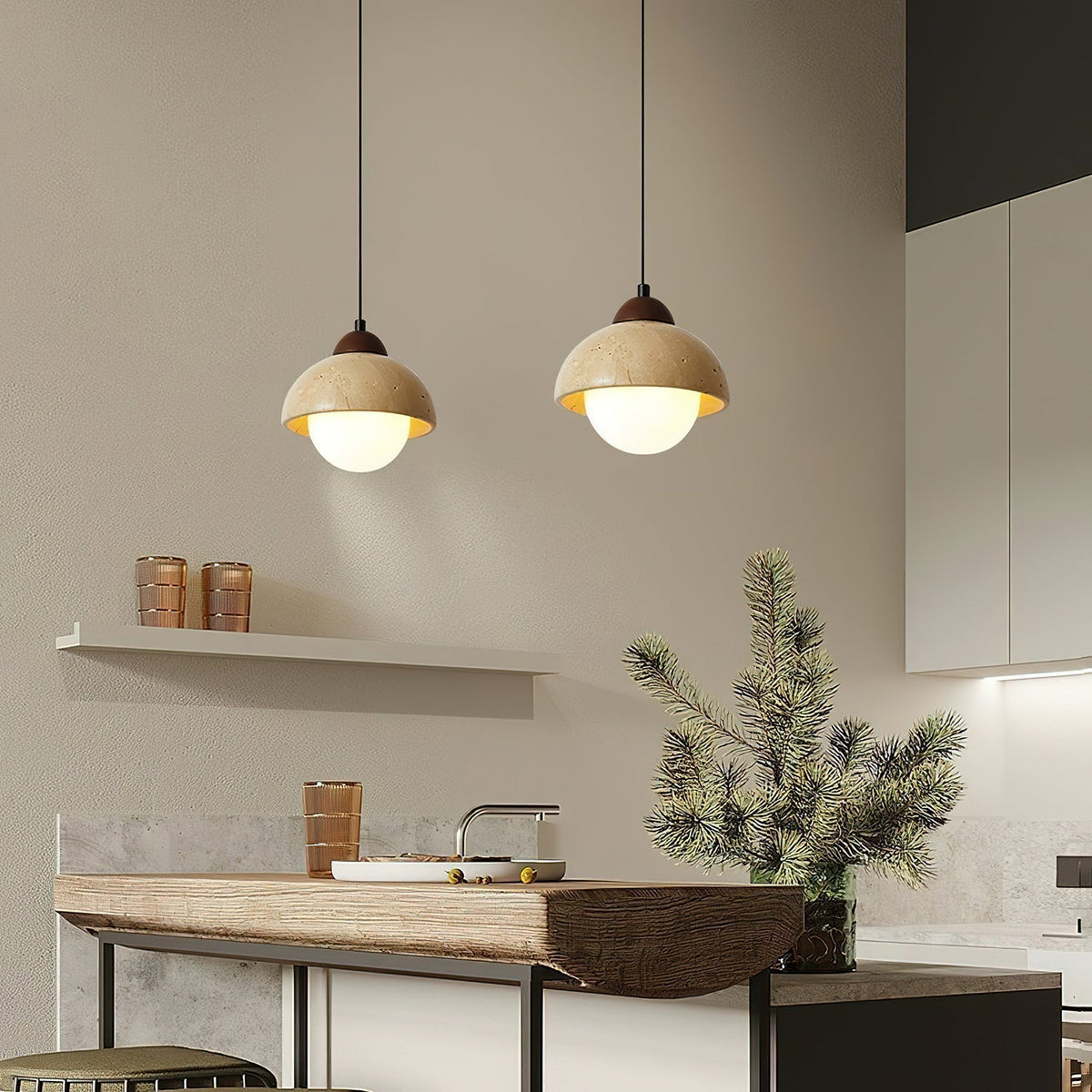 Ambient Glow Dome Travertine Pendant Light