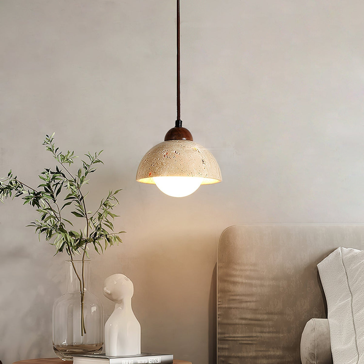 Ambient Glow Dome Travertine Pendant Light