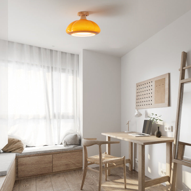 LED Flush Mount Ceiling Light For Living Room In Serene Glass And Wood