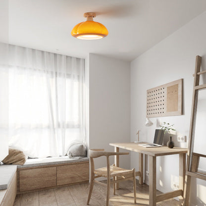 LED Flush Mount Ceiling Light For Living Room In Serene Glass And Wood