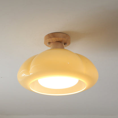 LED Flush Mount Ceiling Light For Living Room In Serene Glass And Wood