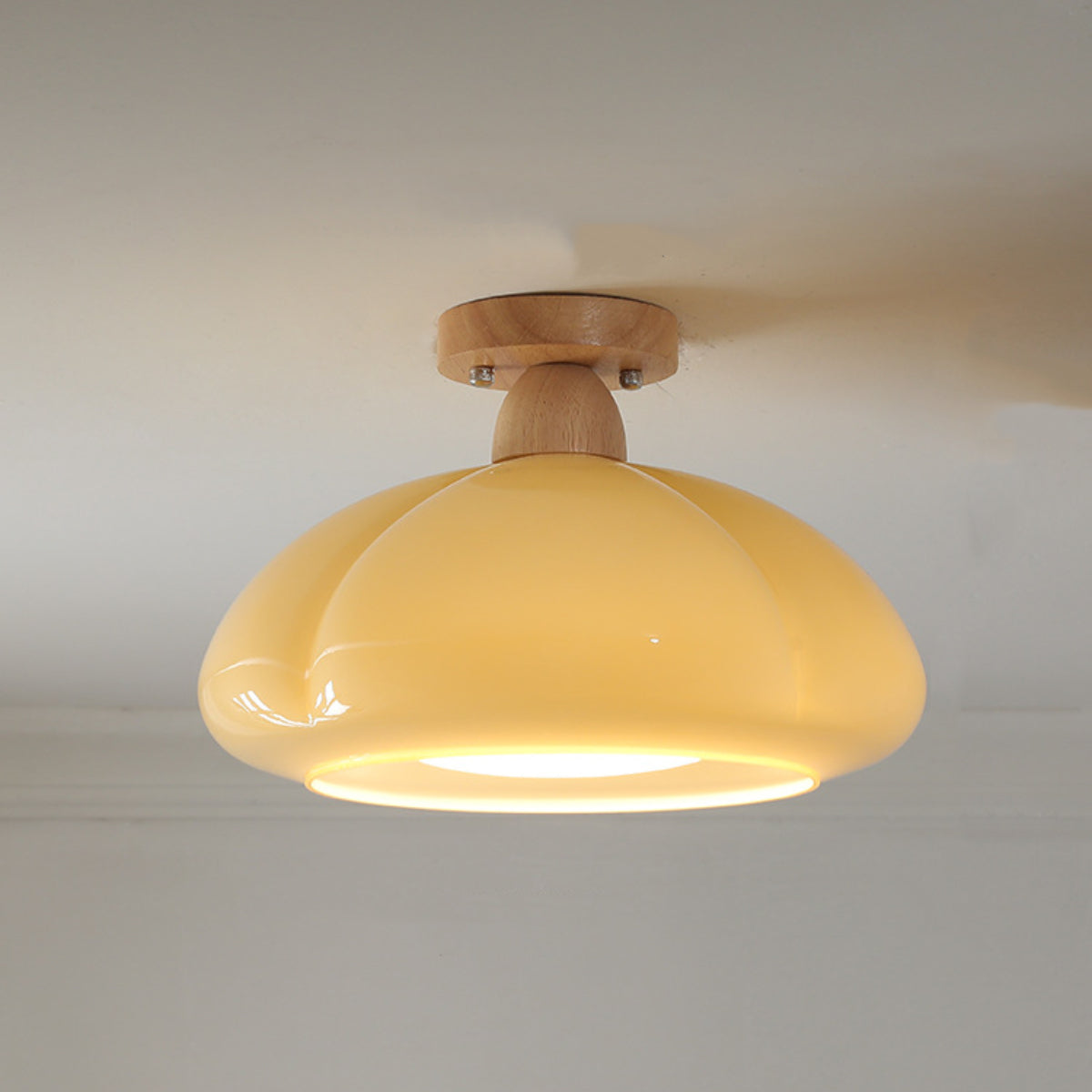 LED Flush Mount Ceiling Light For Living Room In Serene Glass And Wood