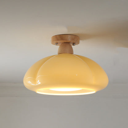 LED Flush Mount Ceiling Light For Living Room In Serene Glass And Wood