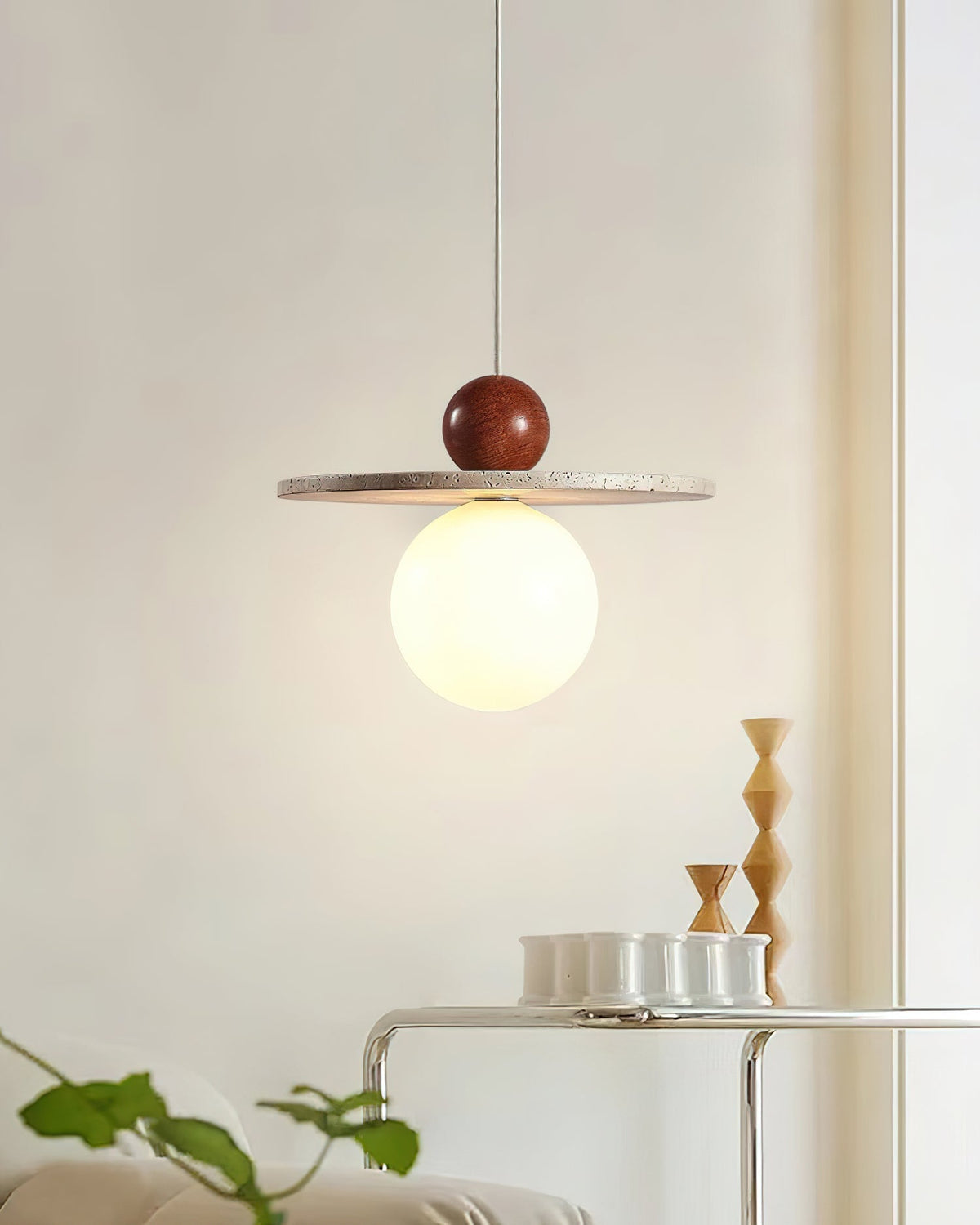 Pendant Light With Warm Glow Marcio Travertine Wooden Sphere