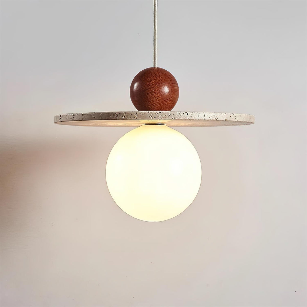 Pendant Light With Warm Glow Marcio Travertine Wooden Sphere