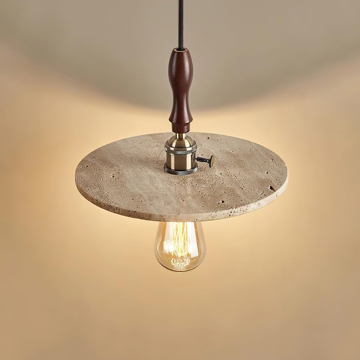 Natural Travertine Disc And Walnut Orbit Pendant Light